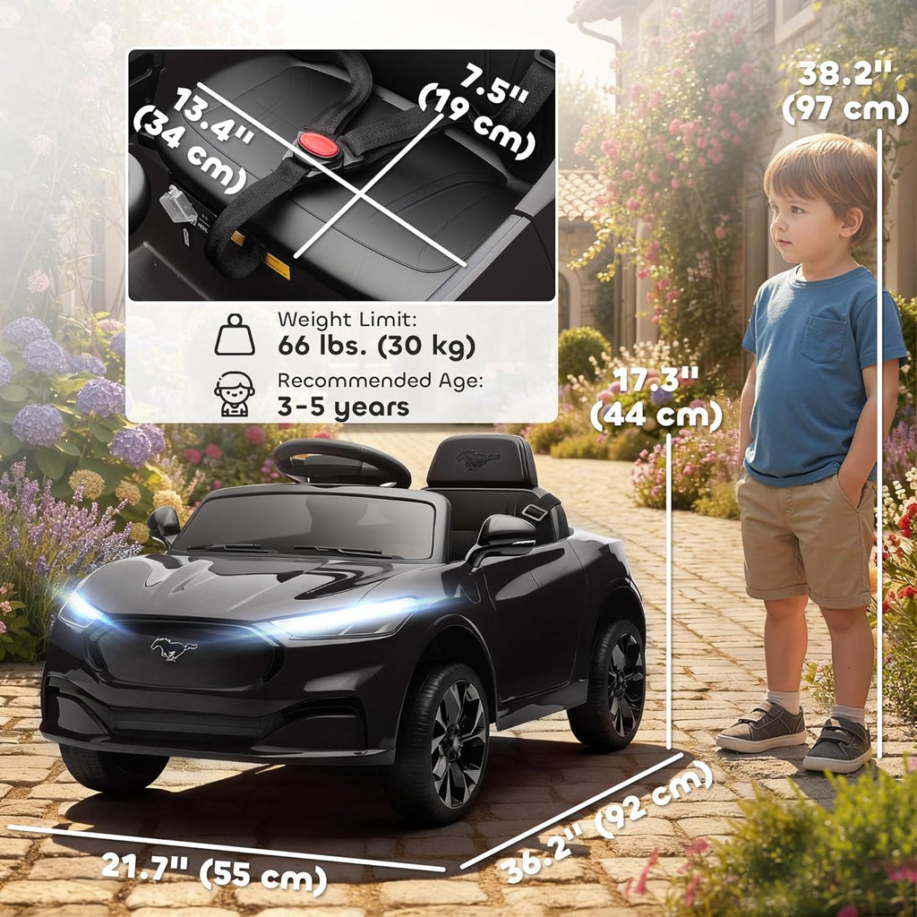Qaba 12V Kids Ride On Car, Licensed Ford Mustang Mach-E Electric Car with Remote Control, 3 Speeds, LED Light, Music, Bluetooth, Suspension Wheels, Battery Powered Toy for Ages 3–5 Years, Black
