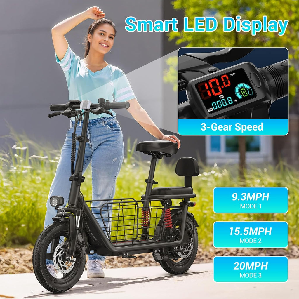 SEHOMY 2 Seater Electric Scooter for Adults 330lbs, Folding Escooters with Seat, 850W Peak Motor, 25/20 Miles Range, 22/15.5 MPH, Storage Basket, Electronic City Commuter Bike Motor Scooters