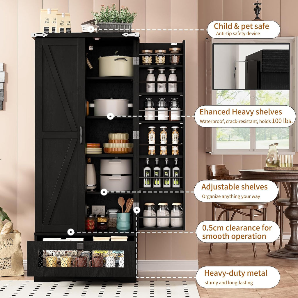 kepptory Kitchen Pantry Cabinet, Pantry Storage Cabinet with Adjustable Shelves and Drawer, Kitchen Buffet Cupboards Storage Shelf for Home Office Use (Black, 16' D x 24' W x 55' H)