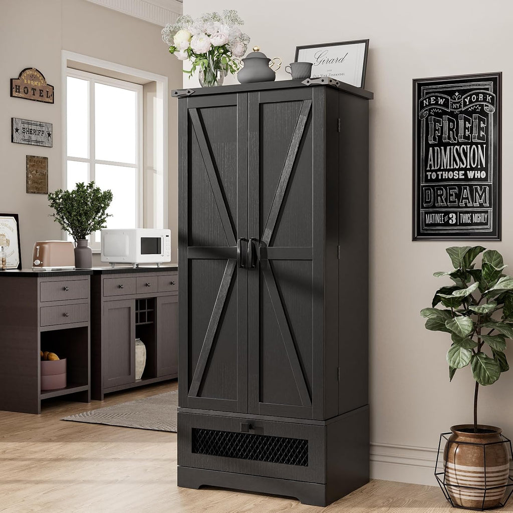 kepptory Kitchen Pantry Cabinet, Pantry Storage Cabinet with Adjustable Shelves and Drawer, Kitchen Buffet Cupboards Storage Shelf for Home Office Use (Black, 16' D x 24' W x 55' H)