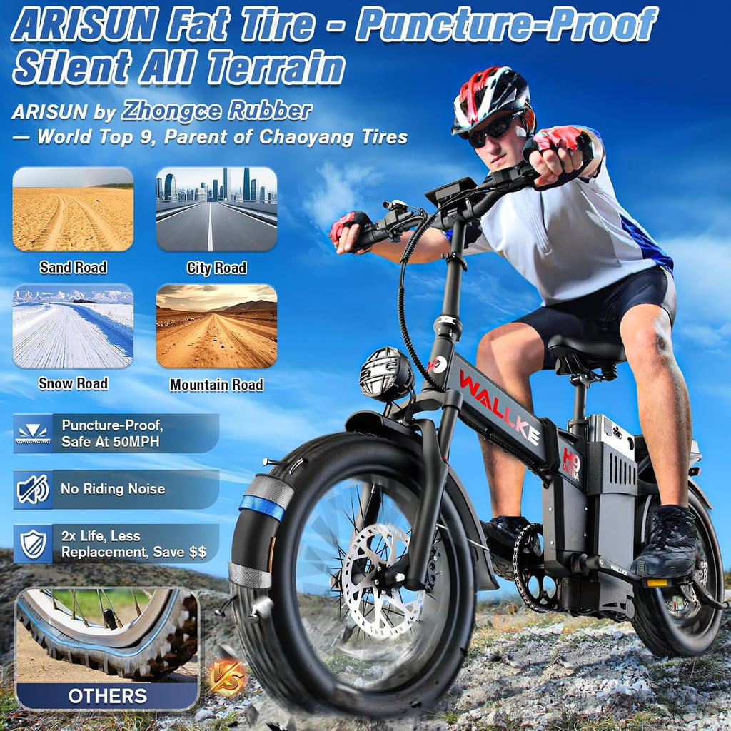 Wallke H9 Ultra 5000W Electric Bike with 2640Wh Power Hub, 48V 55Ah Removable Battery, 105NM Torque & 40MPH Fast Ebike for Adults, ARISUN All Terrain Fat Tire for Camping Commute, UL2849 Certified