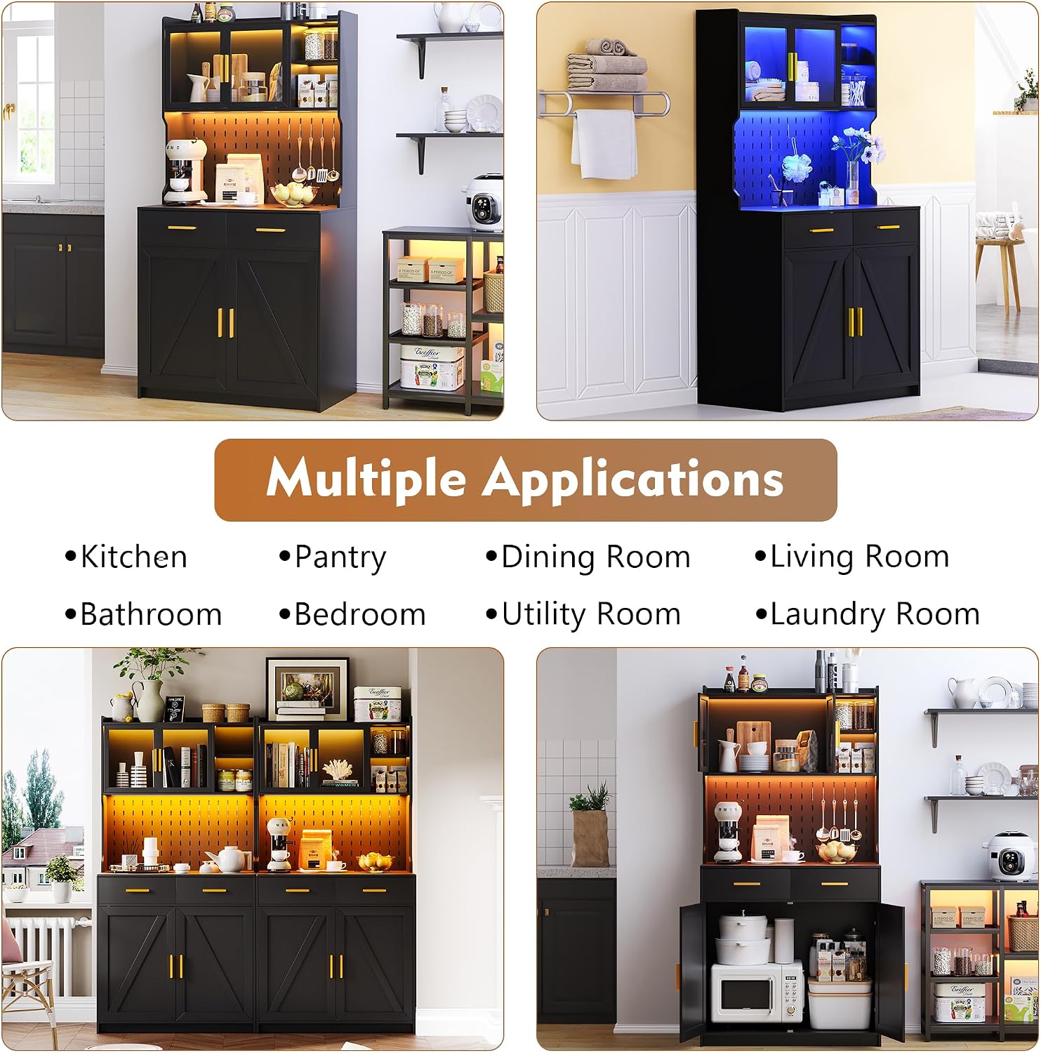 LED Kitchen Pantry Cabinet with Outlets, Farmhouse Storage Cabinet with Drawers & Adjustable Shelves, 64' Tall Cupboard with Pegboard & Hooks for Dining Room, Living Room