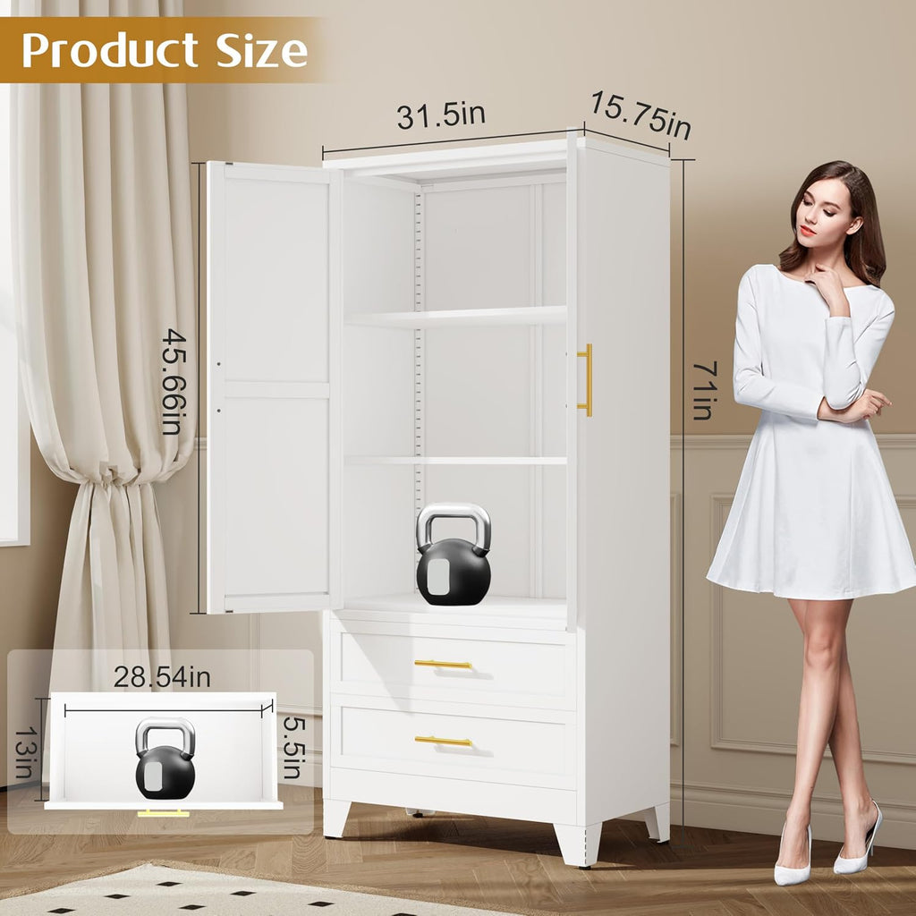 GAIOUS 71' Tall Metal Pantry Cabinet, Steel Storage Cabinets with 2 Drawers | 2 Adjustable Shelf and 2 Doors, Used as Kitchen cabinet, Freestanding Cupboard for Kitchen, Office, Living Room (White)
