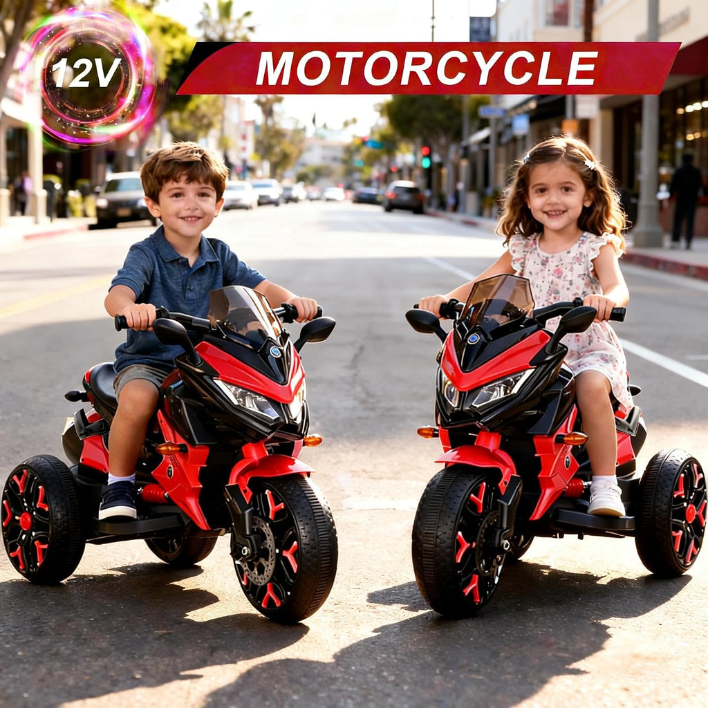 12V Kids Electric Motorcycle with Training Wheels | Plastic, PU seat, manual throttle, foot brake, USB, MP3, phone link, light-up wheels, ages 3-6, 45.3 W x 23.2 D x 28.7 H in