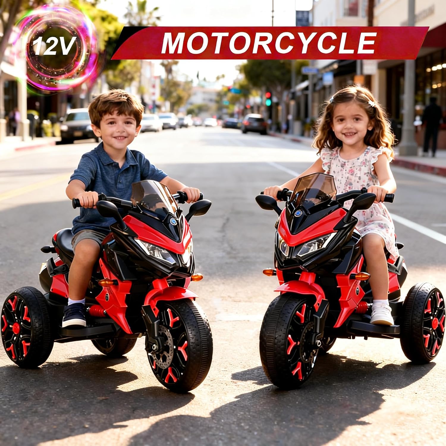 12V Kids Electric Motorcycle with Training Wheels | Plastic, PU seat, manual throttle, foot brake, USB, MP3, phone link, light-up wheels, ages 3-6, 45.3 W x 23.2 D x 28.7 H in