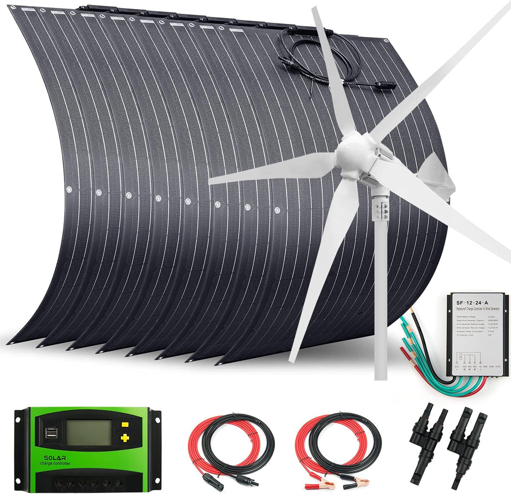 1800 Watts 48 Volts Solar Wind Hybrid System Kit:8pcs 100W ETFE Flexible Monocrystalline Solar Panel+1000W Wind Turbine Generator+Accessories