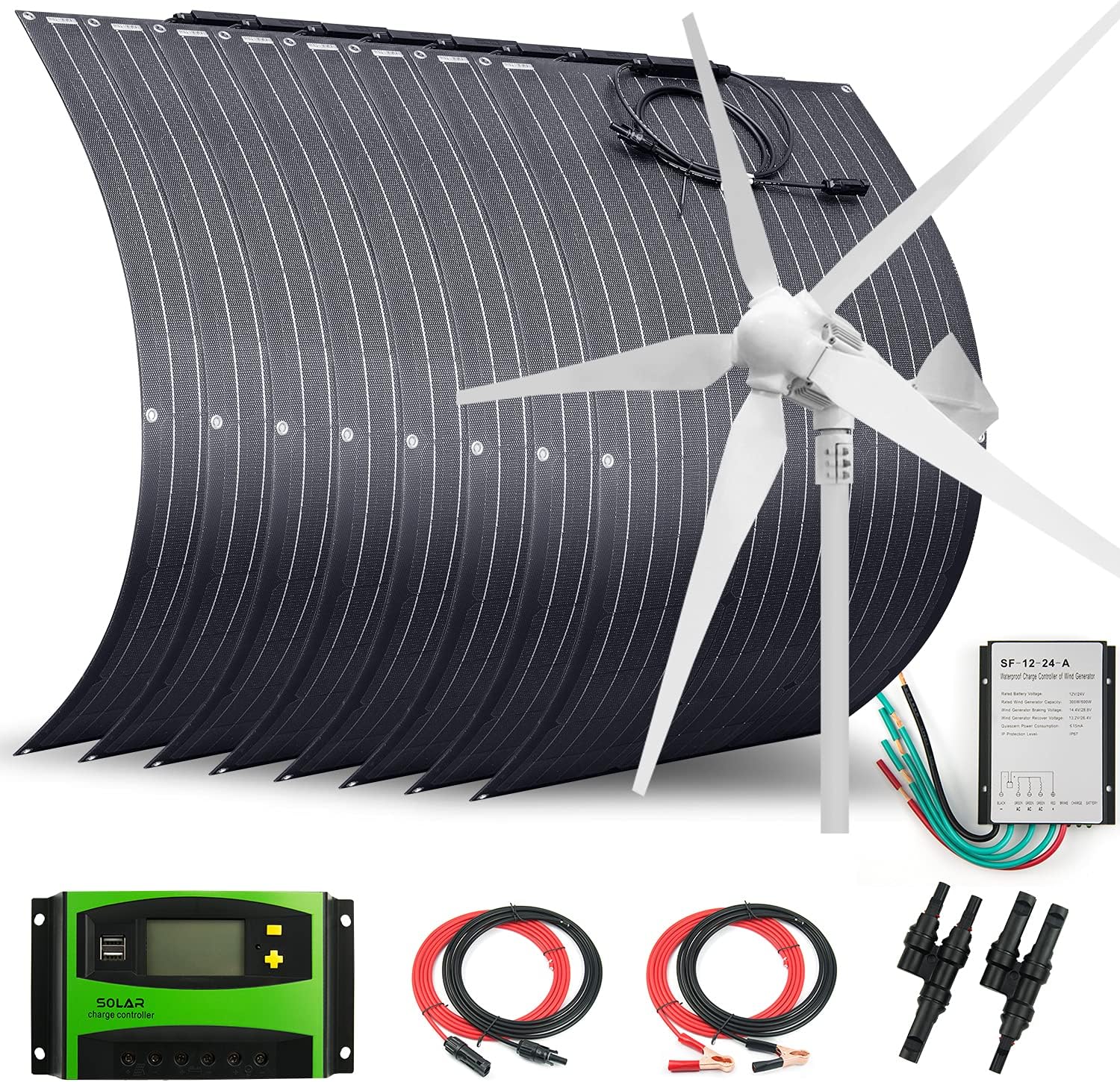 1800 Watts 48 Volts Solar Wind Hybrid System Kit:8pcs 100W ETFE Flexible Monocrystalline Solar Panel+1000W Wind Turbine Generator+Accessories