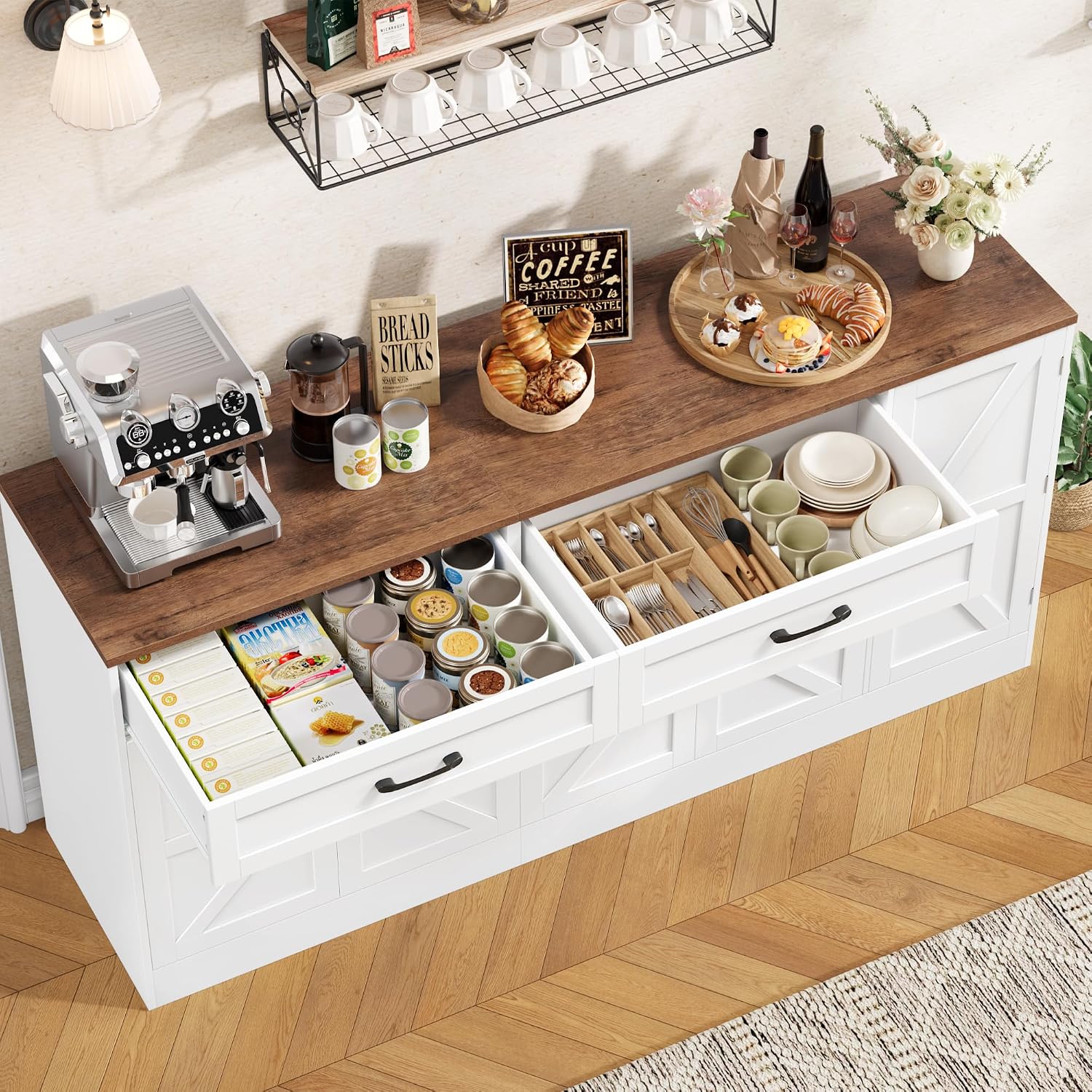 BOTLOG 71' Large Sideboard Buffet Cabinet with Storage, Farmhouse Buffet Cabinet with Adjustable Shelves and 3 Door Shelves, Wood Coffee Bar Console Table for Kitchen, Dining Room (White)