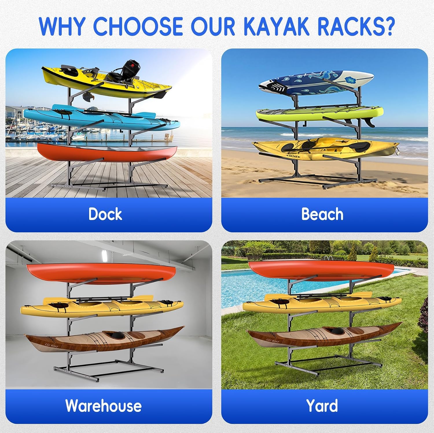 Takywep 4 Layers Kayak Storage Rack, Heavy Duty Metal Freestanding Outdoor Storage Rack for Canoe, Surfboard, Paddleboard and Skis Stand, Adjustable Hanger Kayak Rack for Garage, Easy to Assemble