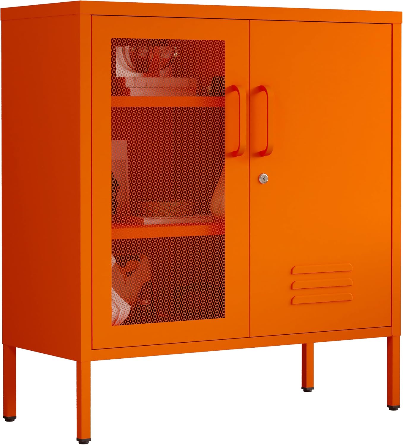 Orange Metal Locker CabinetsMetal Locker Storage Cabinet with Mesh Doors and Adjustable Shelves Coffee Bar Cabinet,Kitchen Pantry Storage Cabinets for Home, Office, Entryway and Hallway