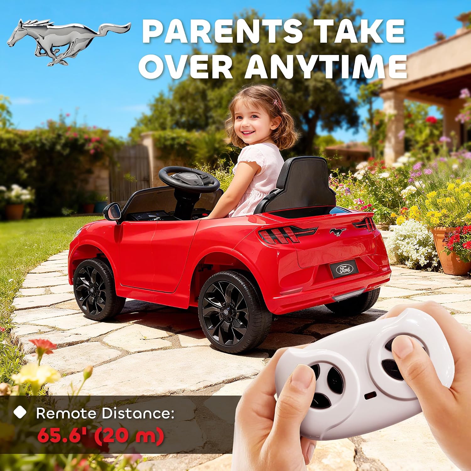 Qaba 12V Kids Ride On Car, Licensed Ford Mustang Mach-E Electric Car with Remote Control, 3 Speeds, LED Light, Music, Bluetooth, Suspension Wheels, Battery Powered Toy for Ages 3–5 Years, Red