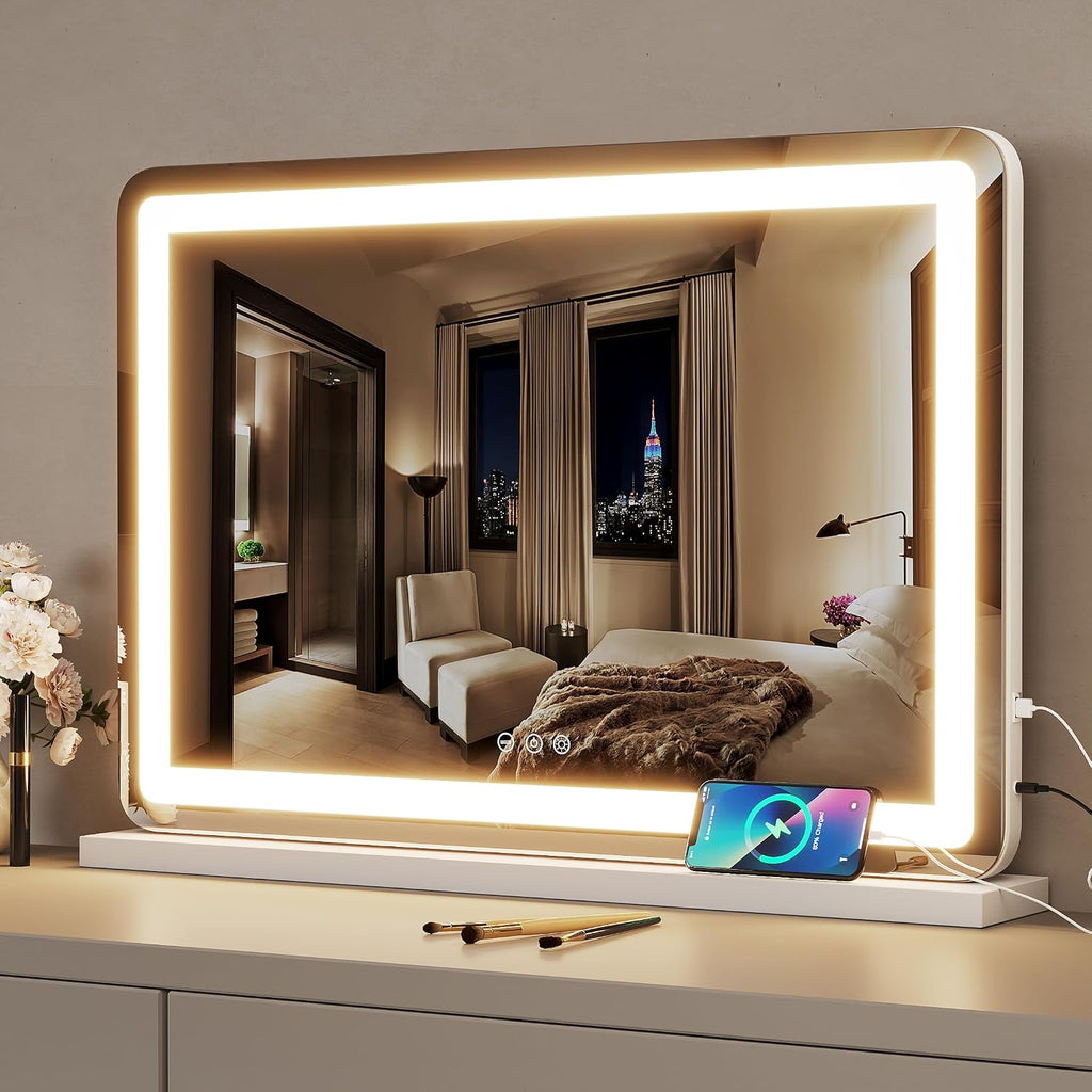 ZL ZELing Vanity Mirror with Lights, 32' x 23', LED Makeup Mirror, Dimmable 3-Color Lighting, 5X Magnification, Touch Screen Control, Wall-Mountable and Tabletop Design