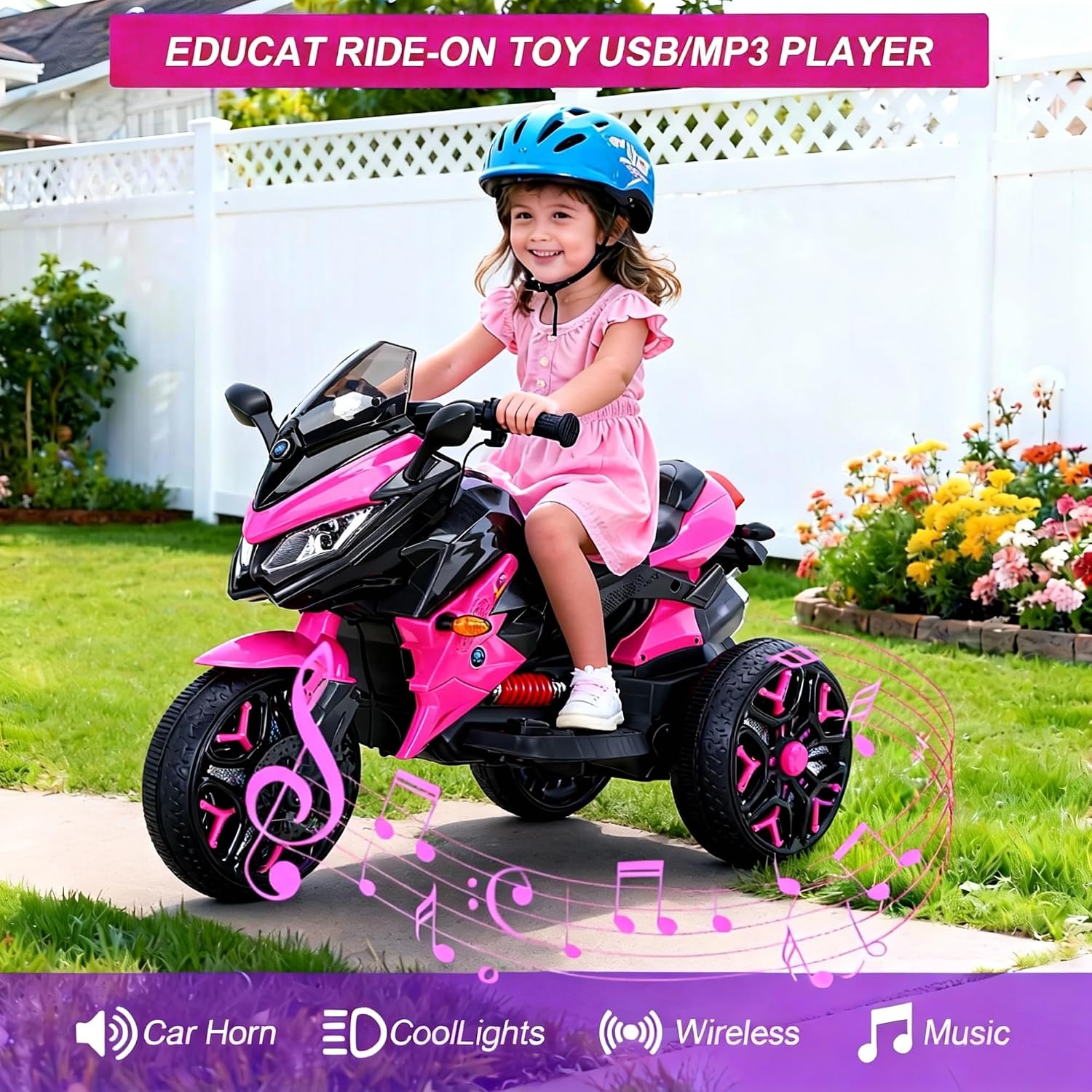 12V Kids Electric Motorcycle with Training Wheels | Plastic, PU seat, manual throttle, foot brake, USB, MP3, phone link, light-up wheels, ages 3-6, 45.3 W x 23.2 D x 28.7 H in