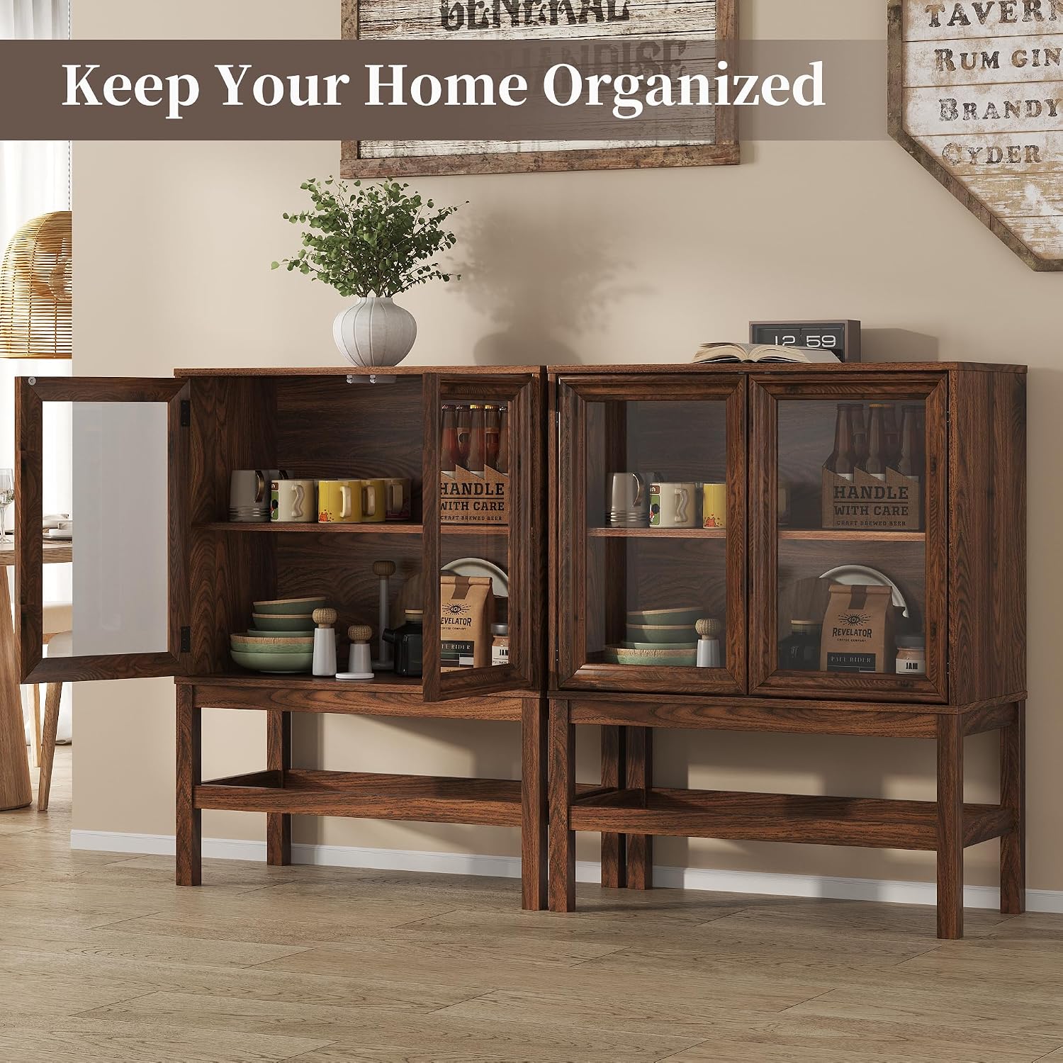 Sideboard Buffet Cabinet with Storage, Small Kitchen Coffee Wine Bar Cabinet with Glass Press-to-Open Doors, Wood Mid Century Modern Side Board Table for Dining Room, Living Room