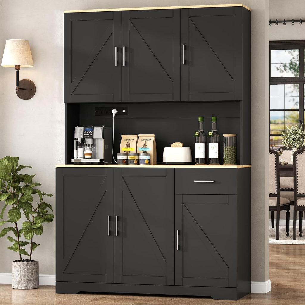 71' Tall Kitchen Pantry Storage Cabinet with Charging Station,Farmhouse Buffet Cabinet with Microwave Shelf,Large Kitchen Hutch Cabinet Doors & Drawer,Food Pantry for Dining Room,Living Room (Black)