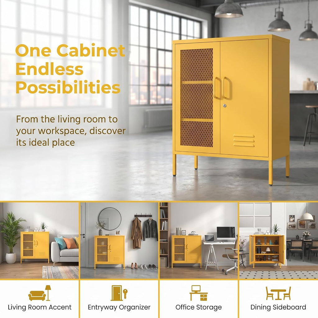 Yellow Metal Storage Cabinet with Lock 3-Tier Freestanding Locker Organizer with Mesh Ventilated Door Multipurpose Accent Cabinet Locker Adjustable legs For Hallway, Living Room, Entryway, Home Office