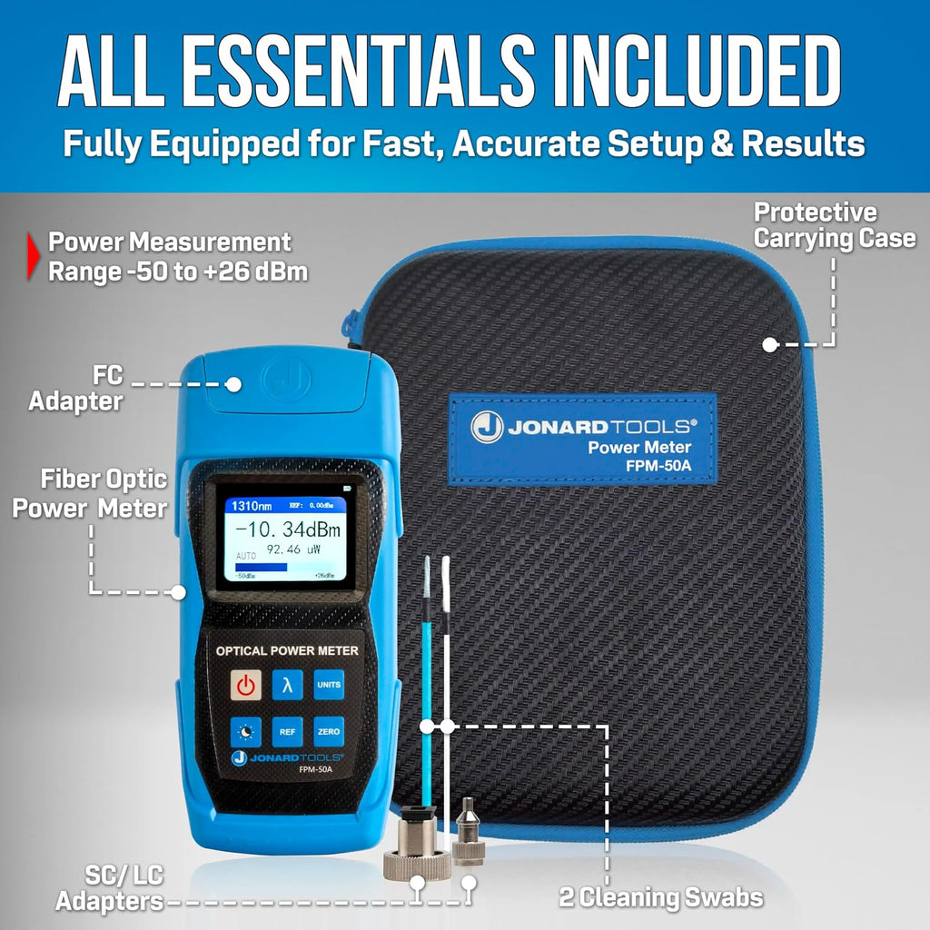 Jonard Tools FPM-50A High Precision Fiber Optic Power Meter (-50 to +26 dBm) with FC/SC/LC Adapters for PC/UPC/APC Connectors with Included Carry Case - 2025 Model