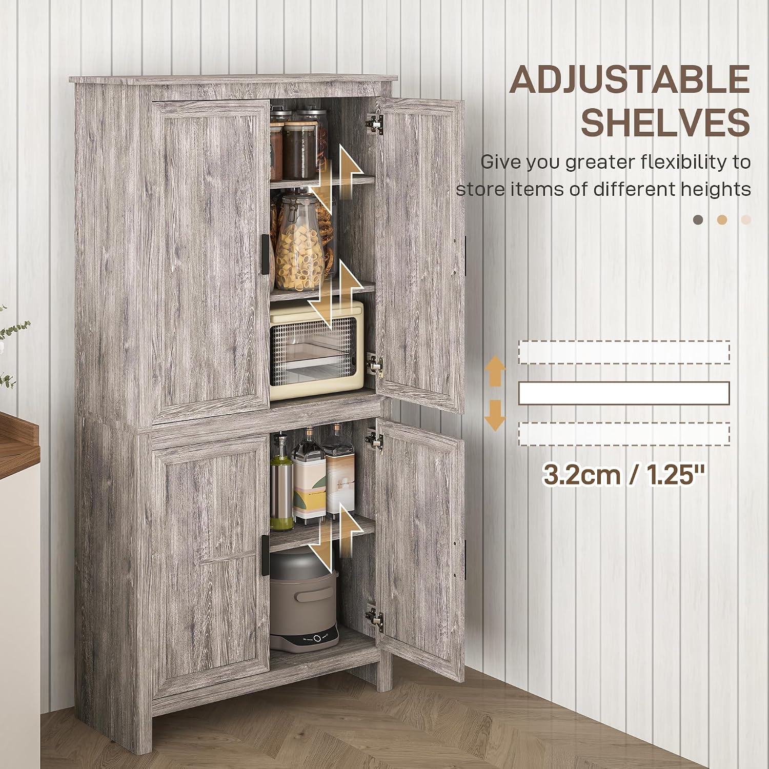 HOMCOM 64' Kitchen Pantry Cabinet, Freestanding Storage Cabinet with 4 Doors and 3 Adjustable Shelves for Dining Room, Gray Oak