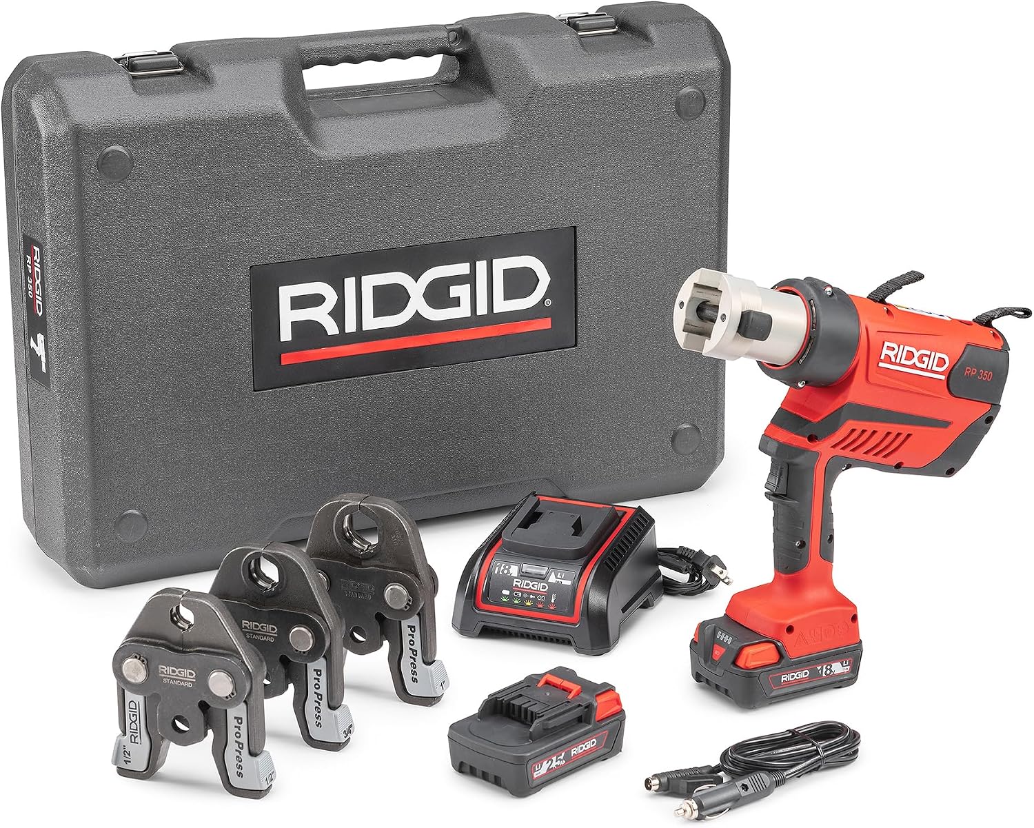 RIDGID 67058 RP 350 ProPress Pressing Tool and Battery Kit with ProPress Tool, 1/2' to 1' ProPress Jaws, 18-Volt Battery, Charger, and Case