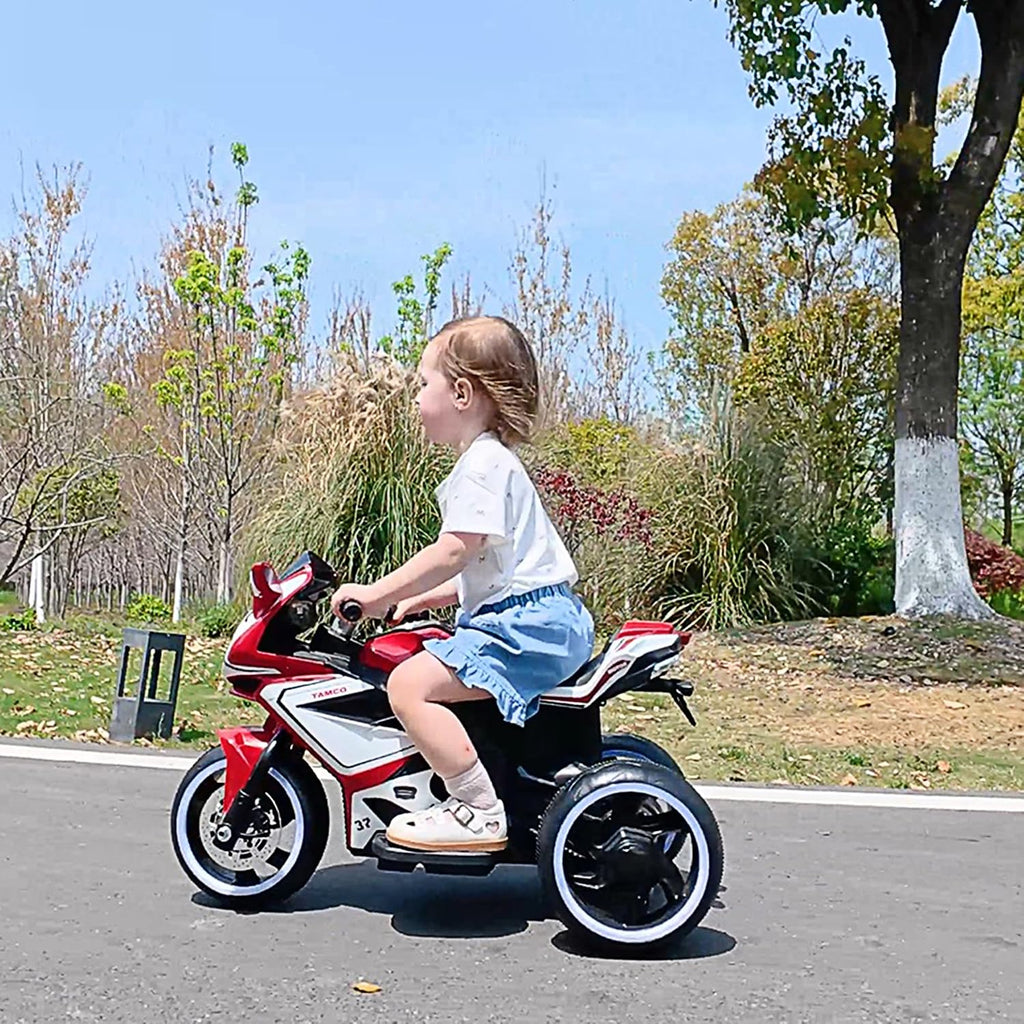 Ride on Motorcycle, Rechargeable Ride on Toys, Tamco Motorcycle for Kids 3 to 4 Years Boys Girls with Foot Pedal Starter, Music/Lights/Lighting Wheels (RED)
