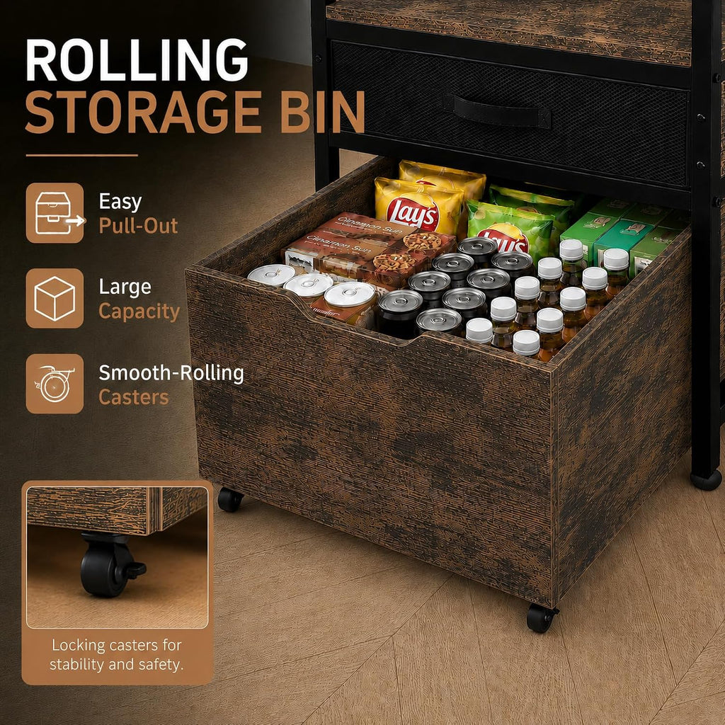 Mini Fridge Stand with Storage Drawer for Dorm Room, 220 lb Heavy Duty Refrigerator Stand with Power Outlet and Pull-Out Basket, Small Fridge Table for Apartment, office, Kitchen, Retro Brown