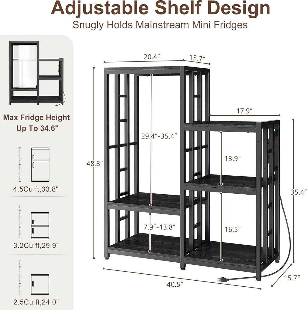 Mini Fridge Stand Coffee Bar Cabinet Station With Small Refrigerator Insert Storage Space, Shelf Organizer For Dorm Microwave To Sit, Black Baker Rack With Power Outlet, Big Table To Go Over Fridge