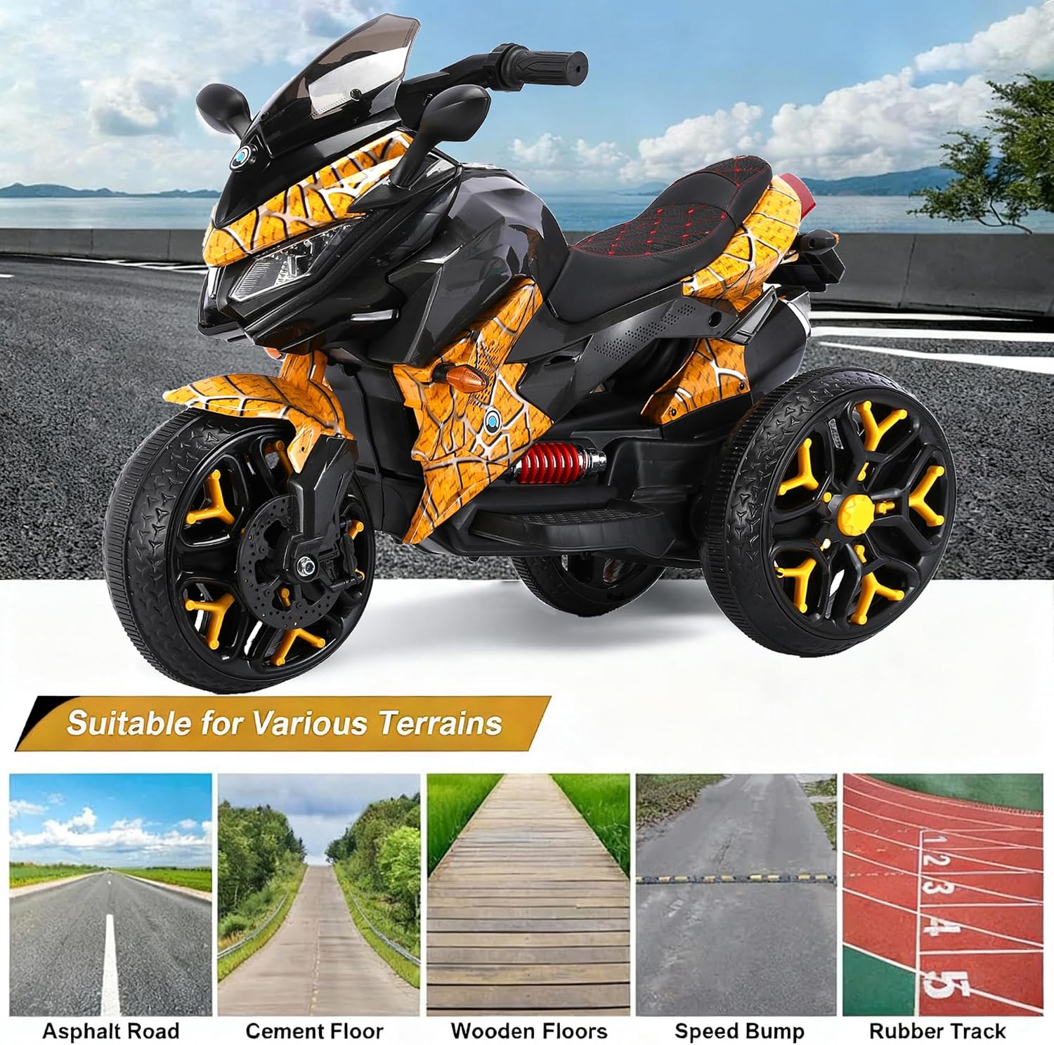 12V Kids Electric Motorcycle with Training Wheels | Plastic, PU seat, manual throttle, foot brake, USB, MP3, phone link, light-up wheels, ages 3-6, 45.3 W x 23.2 D x 28.7 H in