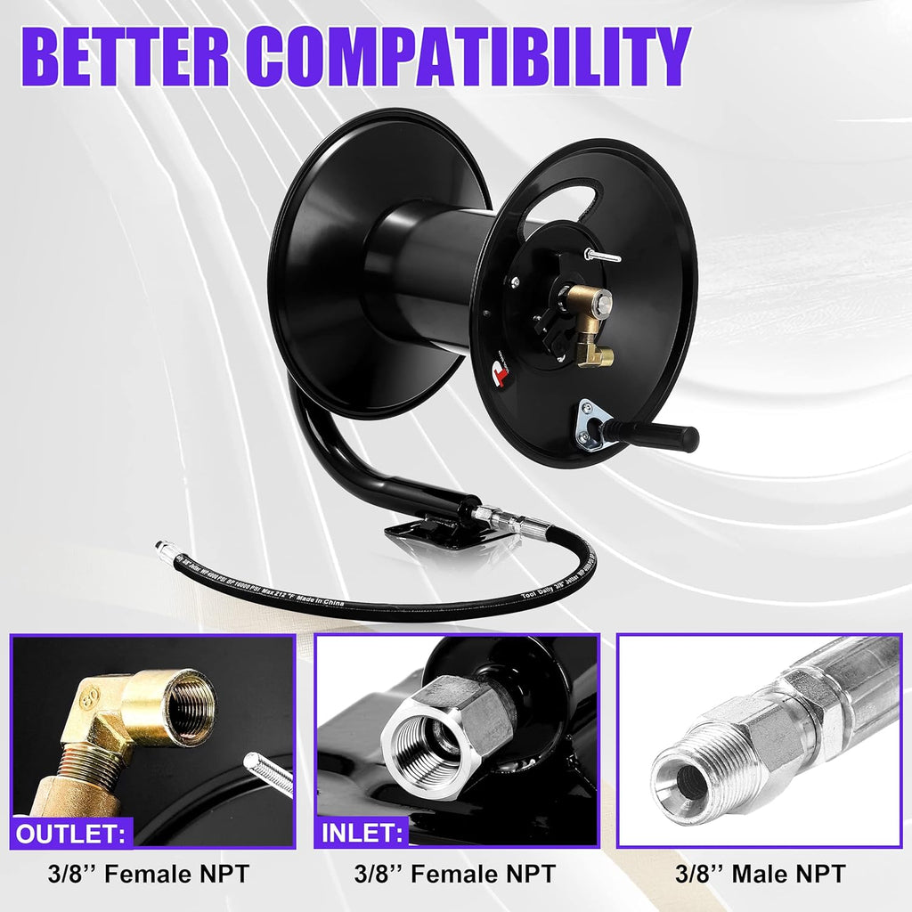 Tool Daily Pressure Washer Hose Reel, 150 FT Heavy Duty Steel Hose Reel for Power Washer, 3/8' Hose Reel Hand Crank, 4000 PSI