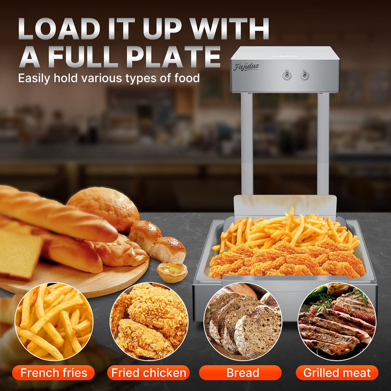 French Fry Food Warmer, 750W Electric Stainless Steel Warming Light Dump Station, 5.5QT Commercial Food Heating Lamp, Countertop Fries Food Warmer for Parties Kitchen Restaurant Buffe(Silver)