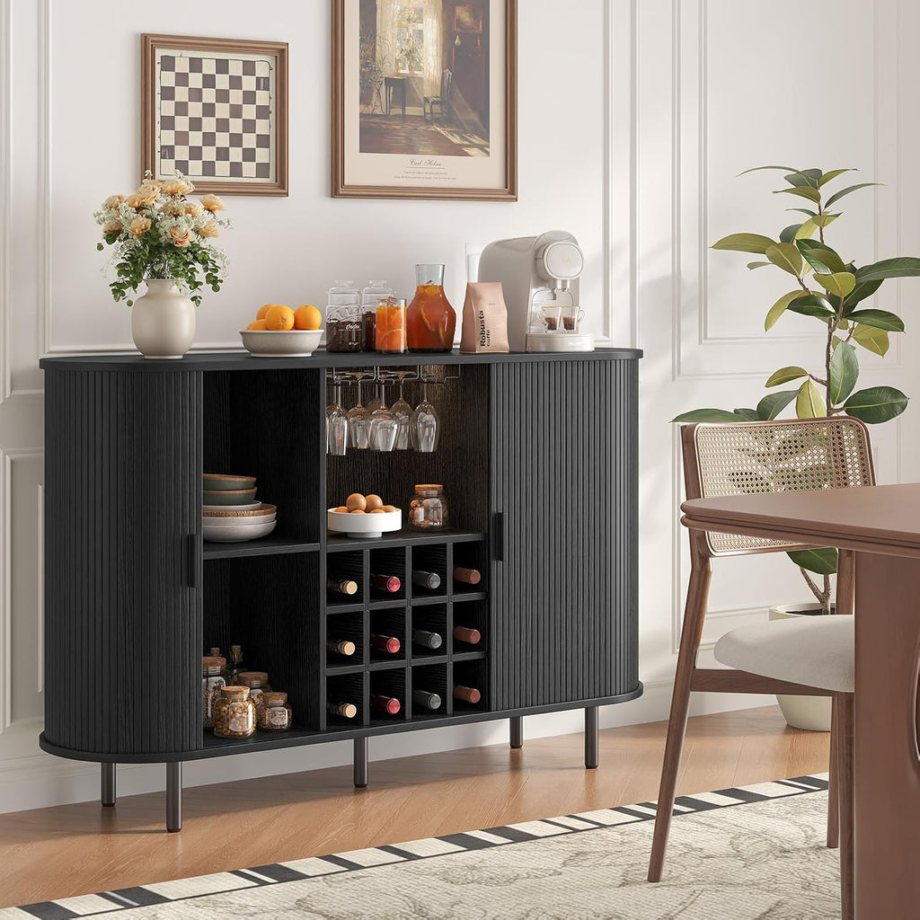 55 Inch Fluted Wine Bar Cabinet, Liquor Cabinet with LED Light, Coffee Bar Cabinets with Storage, Mid-Century Modern Sideboard Cabinet with Charge Station Wine Racks for Kithcen (Black)