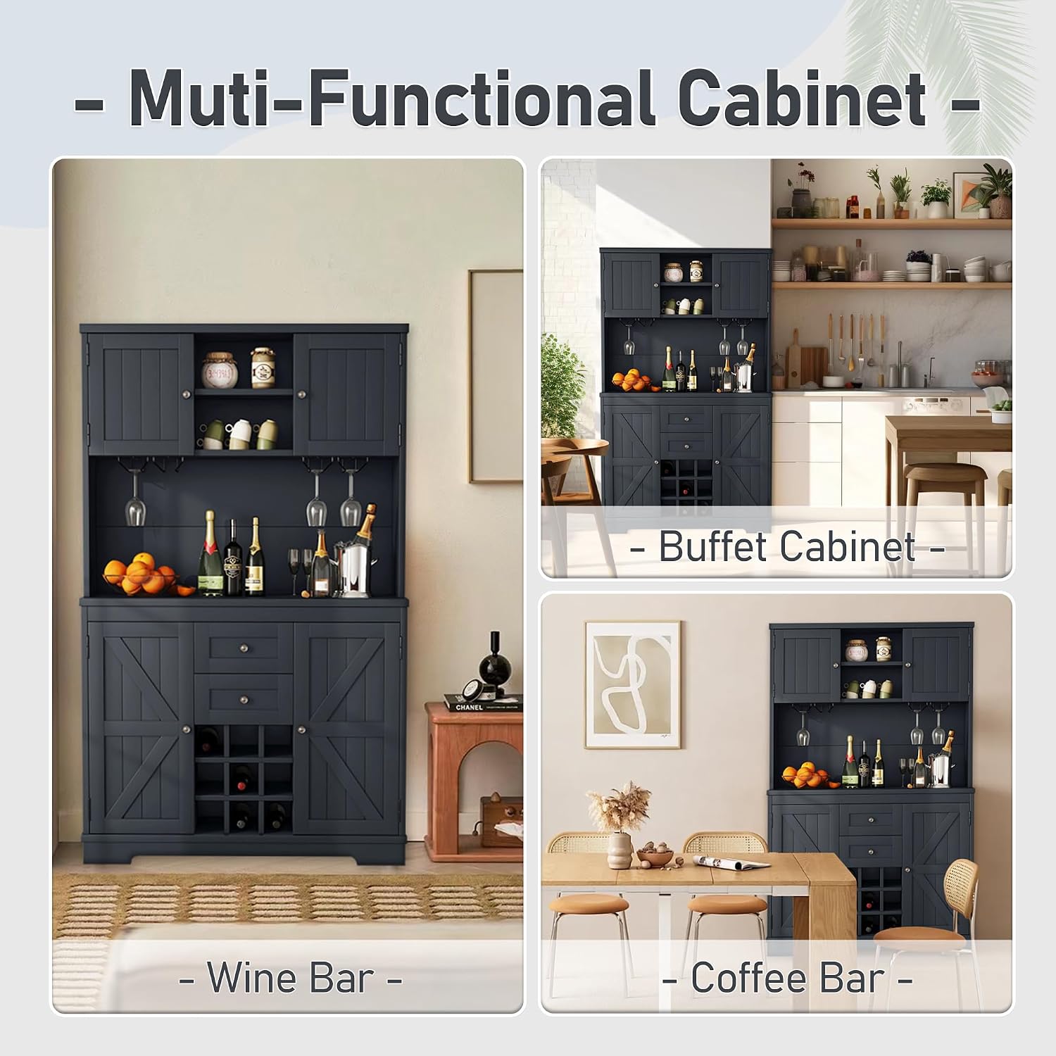 Farmhouse Wood Kitchen Pantry, Freestanding Coffee Bar Cabinet Kitchen Buffet Cabinet with Drawers, Adjustable Shelves and Wine & Glass Racks for Dining Room, Kitchen (Antique Blue-2.16)