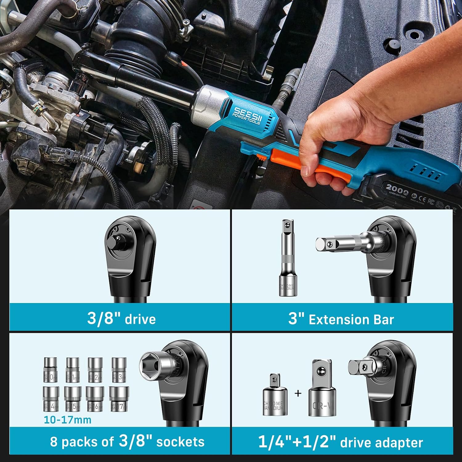 Cordless Electric Ratchet Wrench 3/8', 6' Extended Neck, 3-Speed Adjustable, 74 Ft-lbs Max Torque, 21V Power Brushless Ratchet with 2×2.0Ah Batteries & Fast Charger, 8 Sockets, 1/4'& 1/2' Adapter