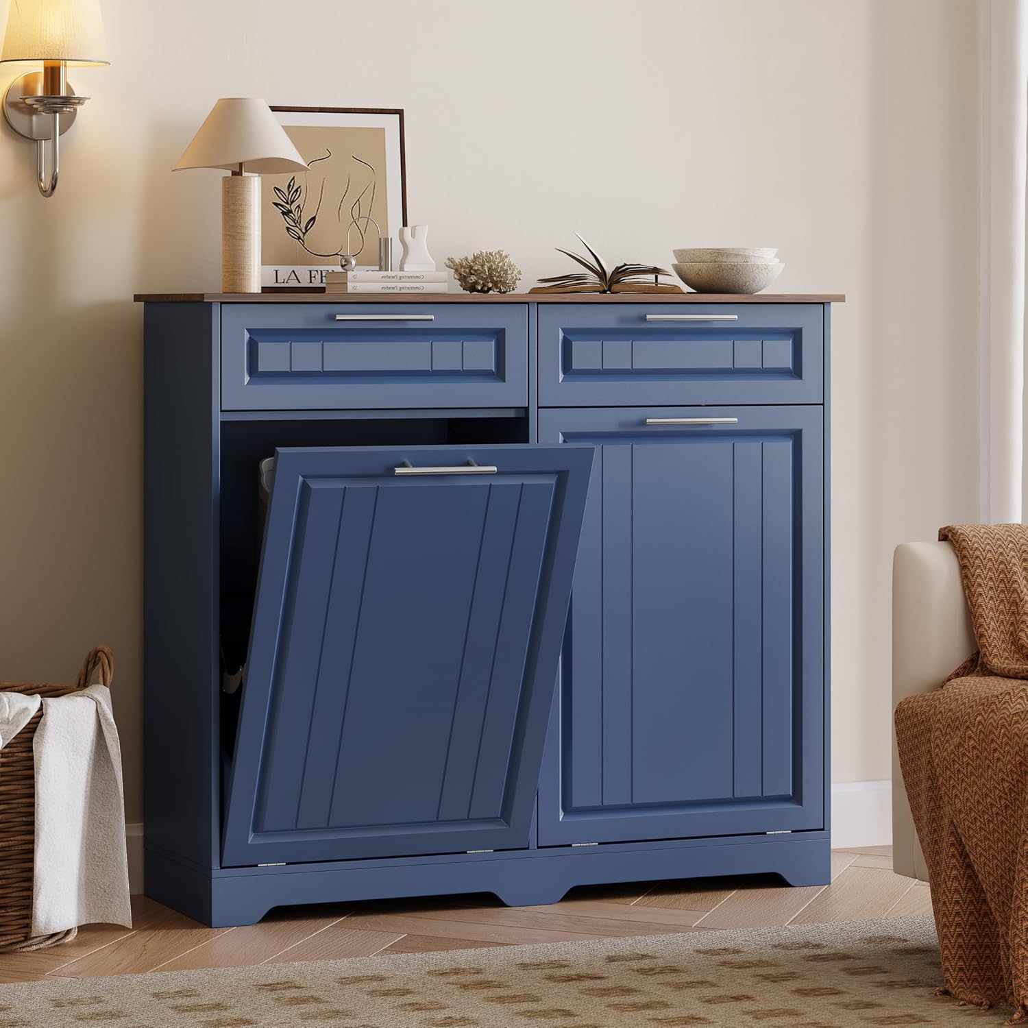 2 x 10 Gallon Double Tilt Out Trash Can Cabinet with Deodorizing Function & Charging Station, Hidden Laundry Hamper Cabinet with Storage Drawers, Garbage Can Holder for Kitchen, Bathroom, Blue