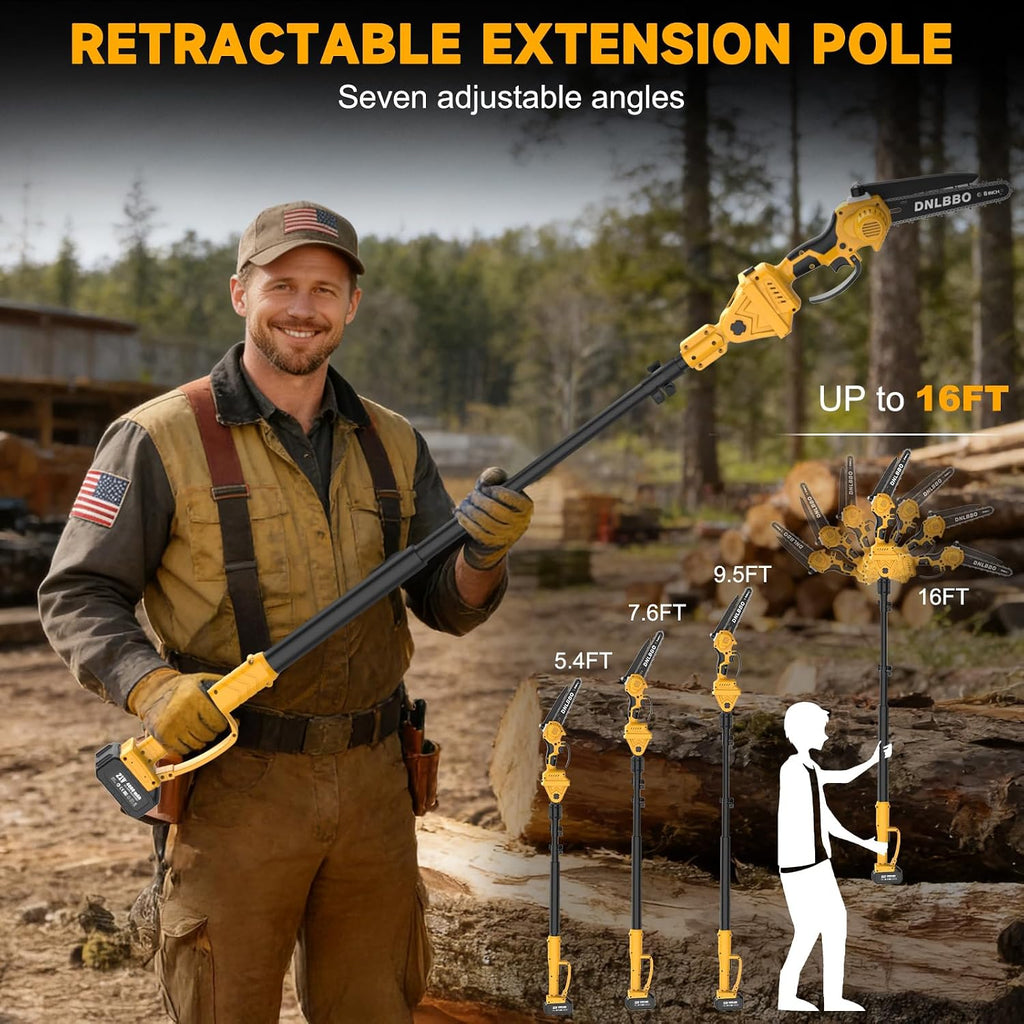 Electric Pole Saws for Tree Trimming, 8 Inch Brushless Mini Chainsaw with 9.5FT Extension Pole, 16Ft Reach, 4.0Ah Battery, Auto Oiling, Cutting speed 35FT/S, Tree Trimmer for Branch Limb Cut