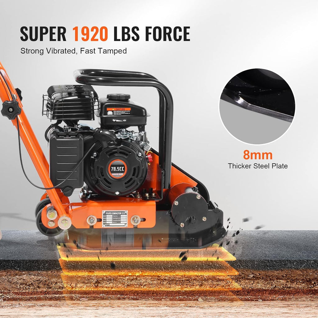 VEVOR Plate Compactor, 2.8 HP 78.5CC Gas Engine 5,250 VPM, 1,920 lbs Force Vibratory Compaction Tamper with 18.7 x 11.8 inch Plate for Walkways, Patios, Asphalts, Paver Landscaping, EPA Compliant