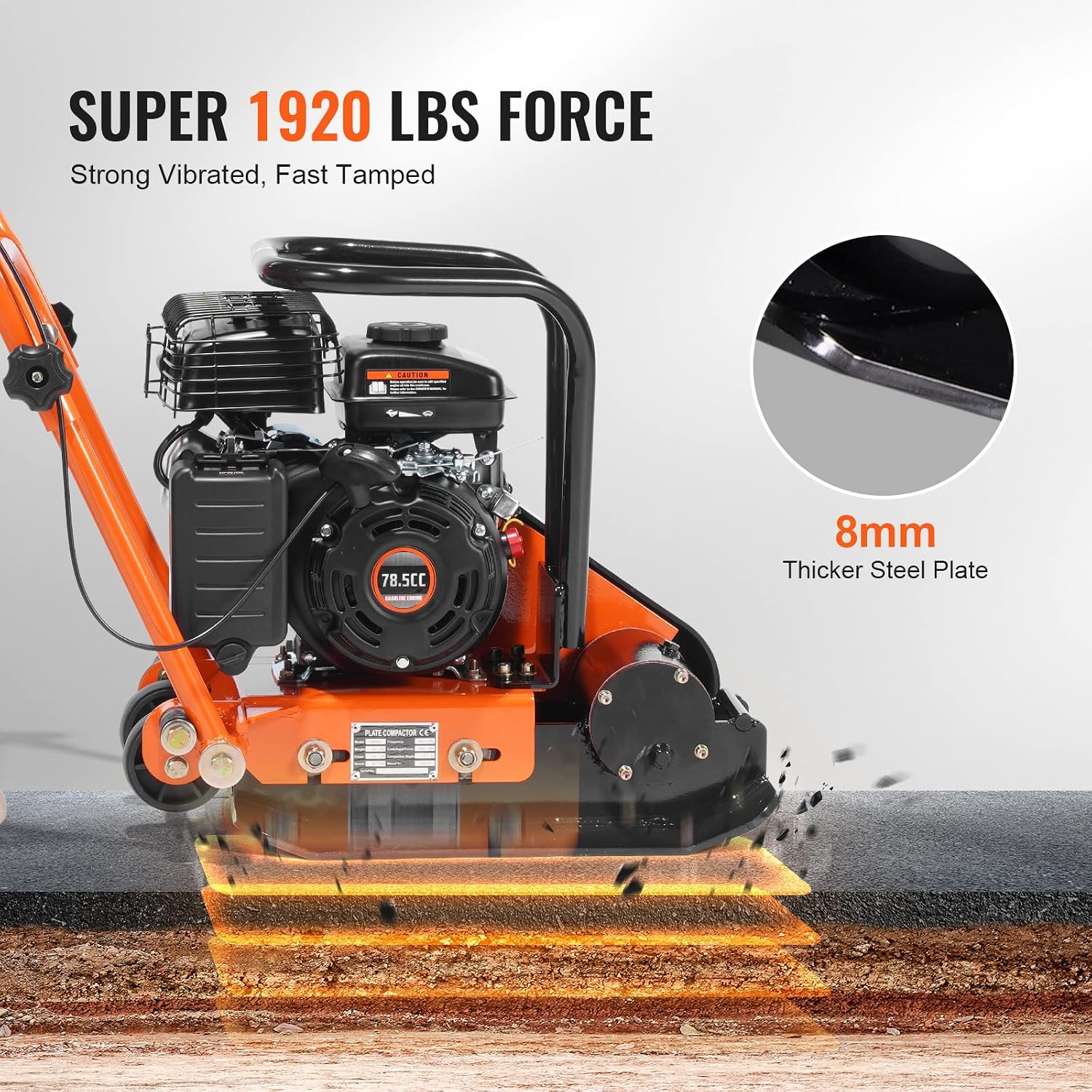 VEVOR Plate Compactor, 2.8 HP 78.5CC Gas Engine 5,250 VPM, 1,920 lbs Force Vibratory Compaction Tamper with 18.7 x 11.8 inch Plate for Walkways, Patios, Asphalts, Paver Landscaping, EPA Compliant