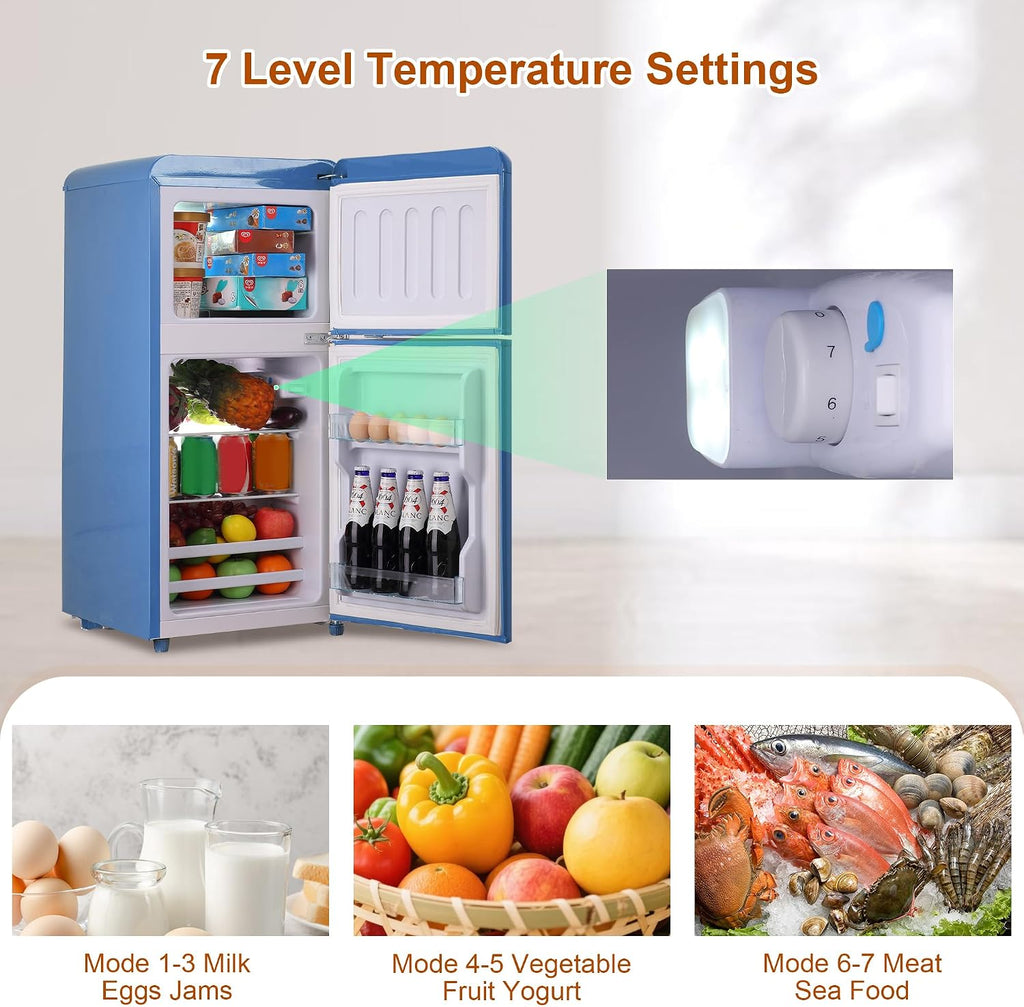Retro Mini Fridge with Freezer 3.5 Cu. Ft, Small Refrigerator with 7 Level Adjustable Thermostat, Compact Classic Dual Door Fridge Removable Glass Shelves for Apartments, Dorm, Office, Blue
