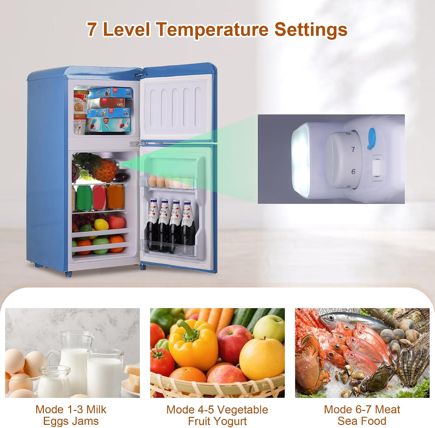 Retro Mini Fridge with Freezer 3.5 Cu. Ft, Small Refrigerator with 7 Level Adjustable Thermostat, Compact Classic Dual Door Fridge Removable Glass Shelves for Apartments, Dorm, Office, Blue