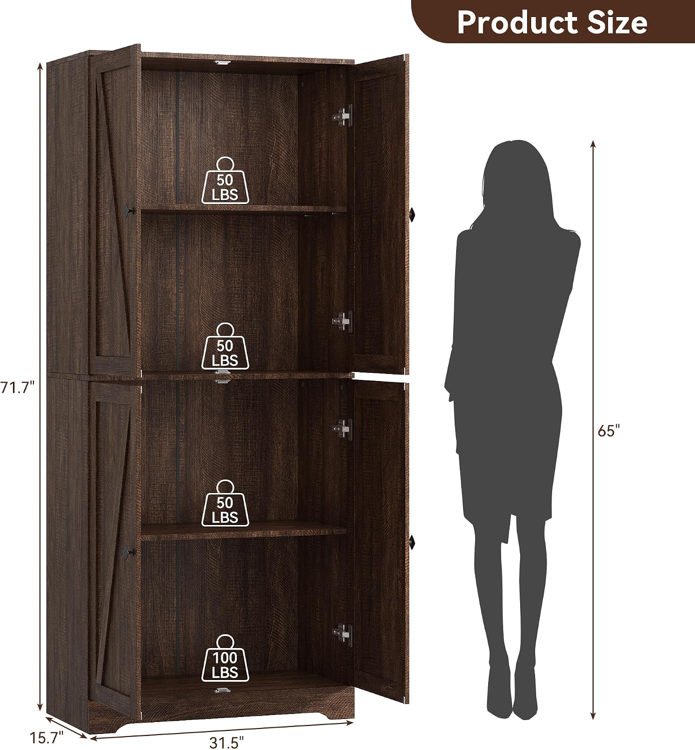 Kitchen Pantry Cabinet Set of 3, 72' Tall Farmhouse Storage Cabinet with 4 Barn Doors and Adjustable Shelves, Pantry Cabinet Versatile Storage for Kitchen, Living Room, Brown