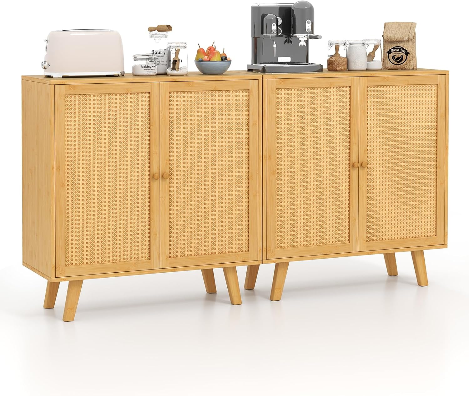 LOKO Bamboo Buffet Cabinet Set of 2, Boho Storage Sideboard with PE Rattan Doors, Freestanding Kitchen Cupboard, Coffee Bar Accent Cabinet for Living Room, Dining Room, Hallway, Natural (2)