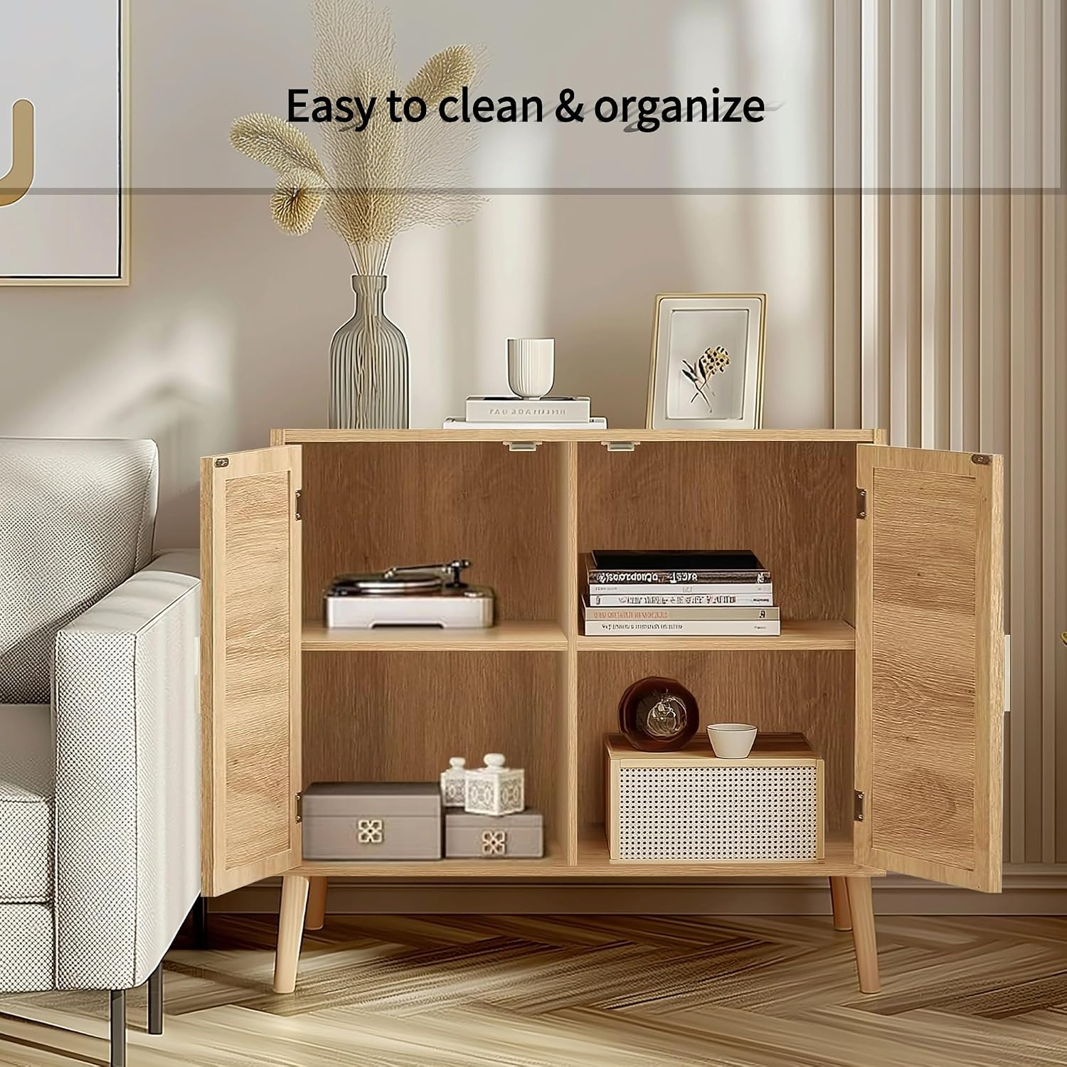 vistavie Buffet Cabinet with Storage, Accent Bathroom Floor Cabinets,Rattan Storage Cabinet with 2 Doors and 4 compartments for Storages,Sideboard Cabinets for Hallway, Entry, Living Room