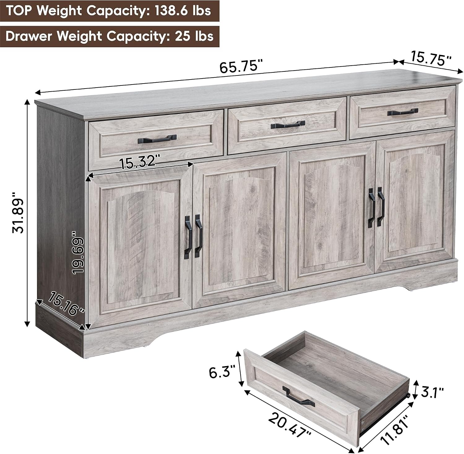 66' Large Sideboard Buffet Cabinet with Storage, Farmhouse Buffet Table Coffee Bar Wine Bar Kitchen Storage Cabinet with Drawers, Weathered Ash