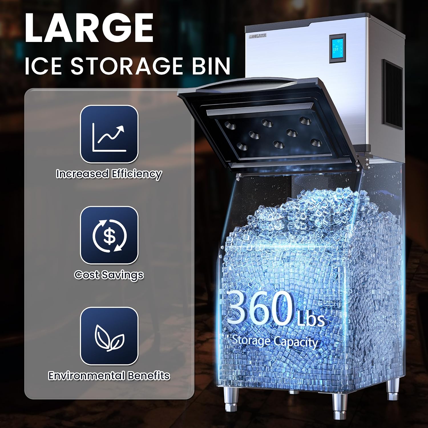 Coolake 360 lb. Commercial Ice Machine Storage Bin, 26' Stainless Steel Space Saving Footprint Ice Bin with Convenient Lift-up Door, Filter, Scoop, Adjustable Feet, for Bar Restaurant Shop