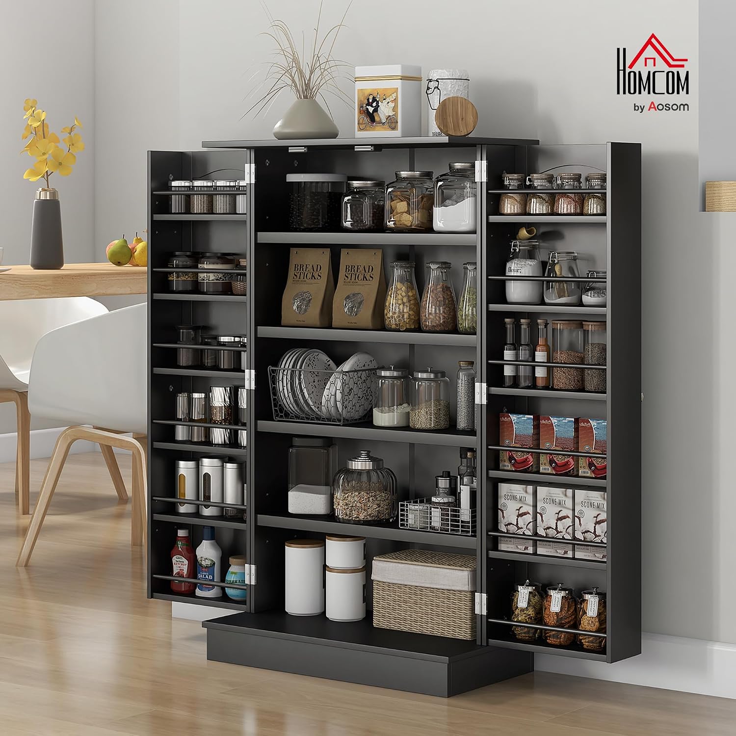 HOMCOM 41' Kitchen Pantry Storage Cabinet, Freestanding Kitchen Cabinet with 12 Door Shelves, Double Doors, 5-Tier Shelving and Adjustable Shelves, Black