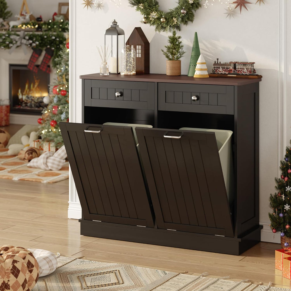 KIGOTY Double Tilt Out Trash Can Cabinet, 20 Gallon Hidden Trash Storage Cabinet with 2 Hideaway Drawers, Freestanding Trash Can for Kitchen, Wooden Laundry Hamper Cabinet, Pet Proof (Black)