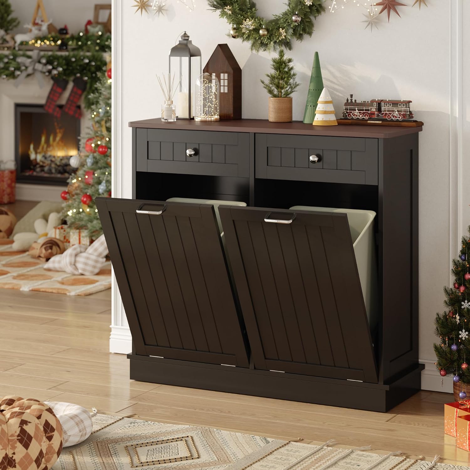 KIGOTY Double Tilt Out Trash Can Cabinet, 20 Gallon Hidden Trash Storage Cabinet with 2 Hideaway Drawers, Freestanding Trash Can for Kitchen, Wooden Laundry Hamper Cabinet, Pet Proof (Black)