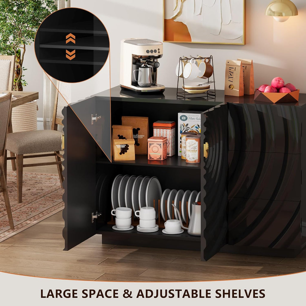 LVSOMT 47.2' Sideboard Buffet Cabinet, Modern Buff Storage Cabinet with Drawers, Adjustable Shelf, Spiral Pattern Accent Credenza, Coffee Bars for Kitchen Entryway (High Gloss Black)