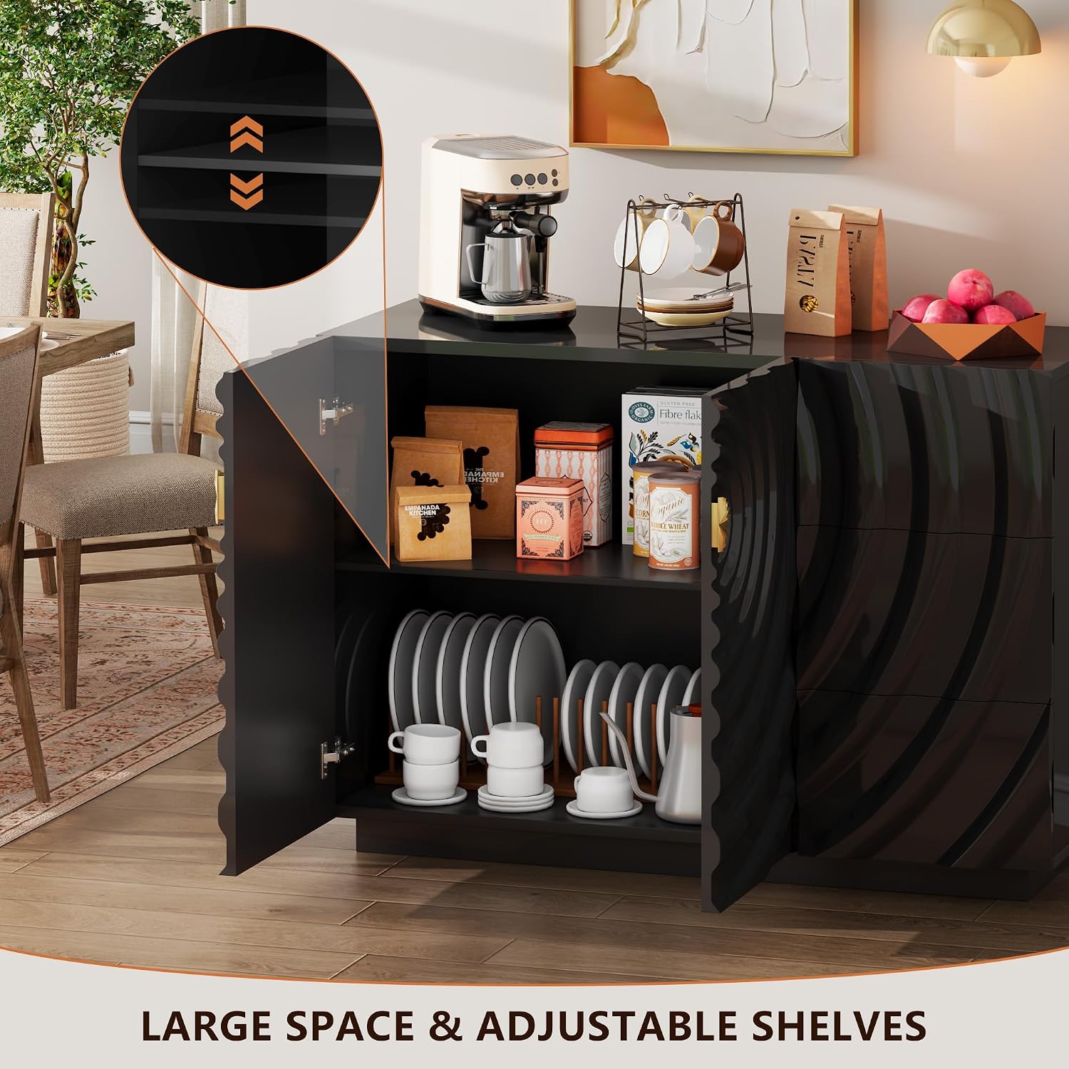 LVSOMT 47.2' Sideboard Buffet Cabinet, Modern Buff Storage Cabinet with Drawers, Adjustable Shelf, Spiral Pattern Accent Credenza, Coffee Bars for Kitchen Entryway (High Gloss Black)