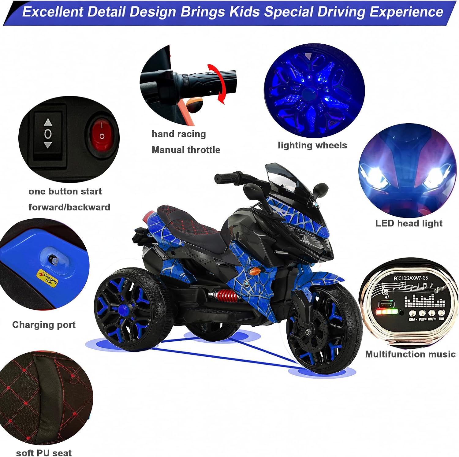 12V Kids Electric Motorcycle with Training Wheels | Plastic, PU seat, manual throttle, foot brake, USB, MP3, phone link, light-up wheels, ages 3-6, 45.3 W x 23.2 D x 28.7 H in