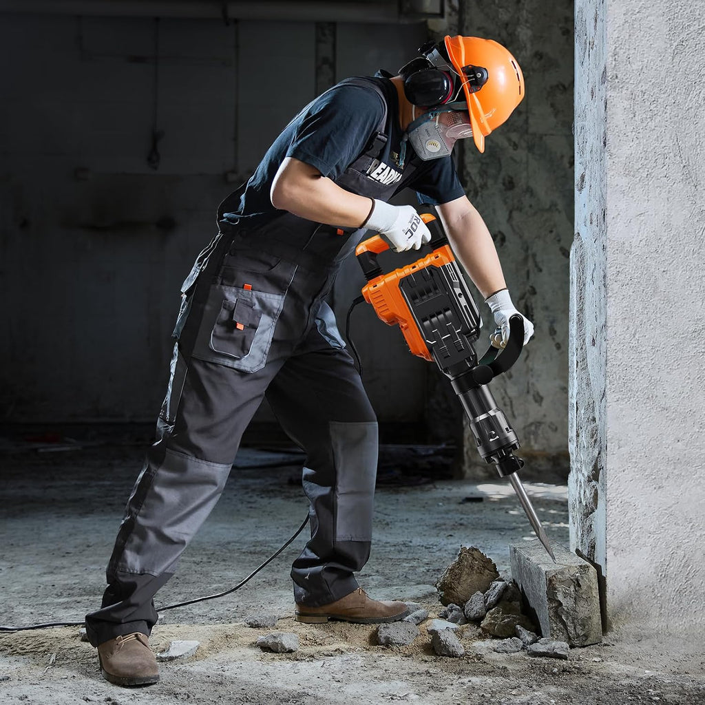 VEVOR 3500W Electric Demolition Hammer, 1900 BPM Durable Jack Hammer, Concrete Breaker with 2 Chisels, Gloves, and a 360° Rotatable Handle for Efficient Trenching, Black